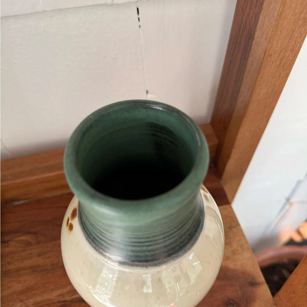 Handcrafted Ceramic Vase with Green and Cream floral Design studio pottery